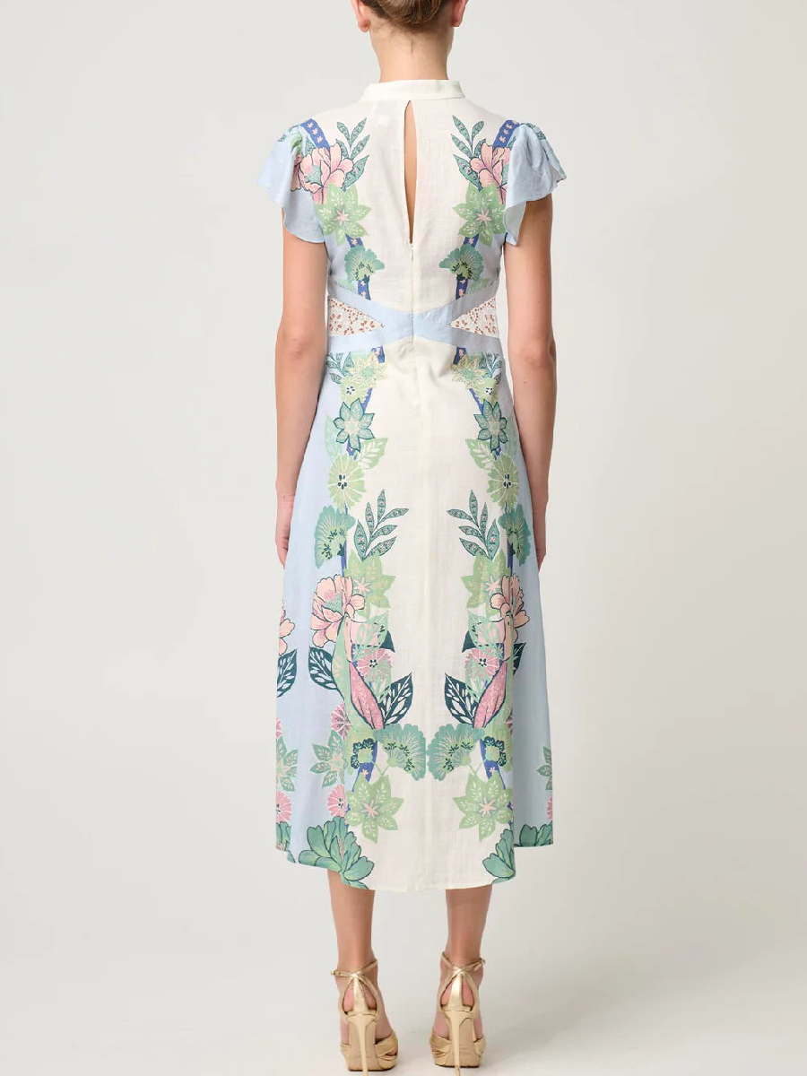 Linen Print Flowy Long Sleeve Dress
