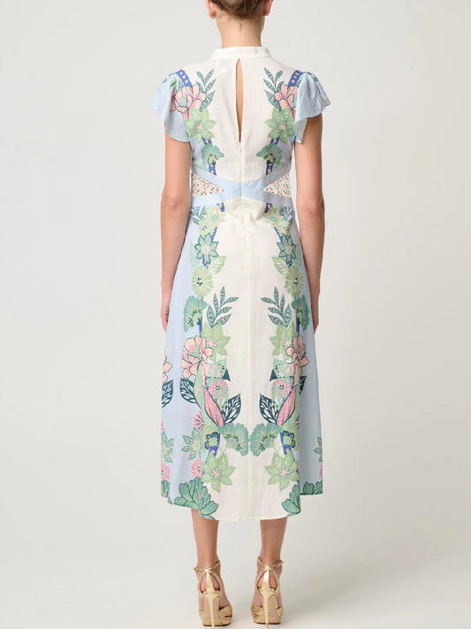 Linen Print Flowy Long Sleeve Dress