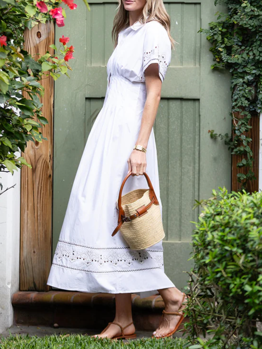 Cotton Embroidered Pleated Shirt Dress