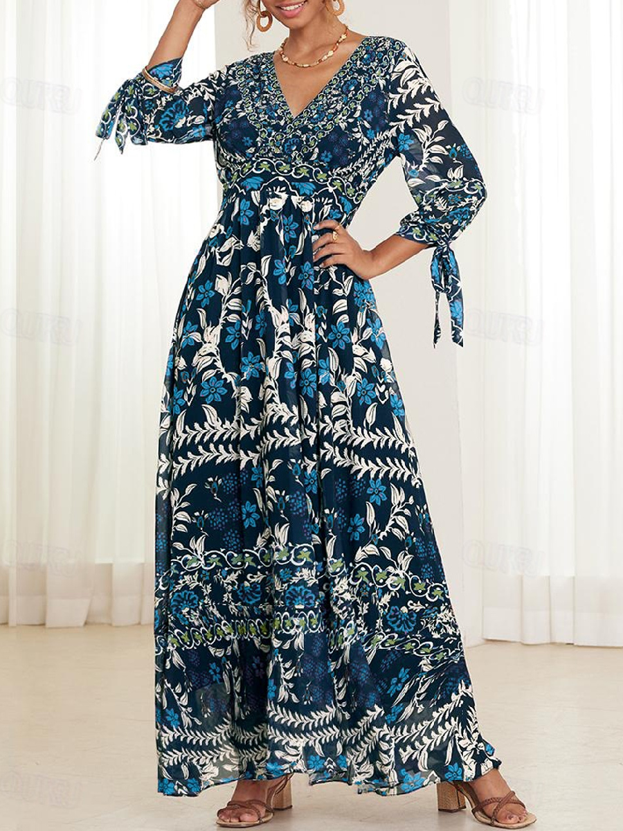 Floral Belted Front Slit Bohemian Dress