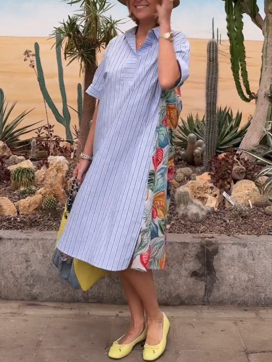 Striped Colorful Leaf Print Shirt Dress