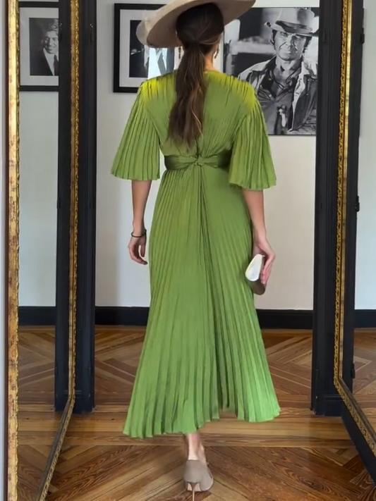 Pleated Satin Midi Dress