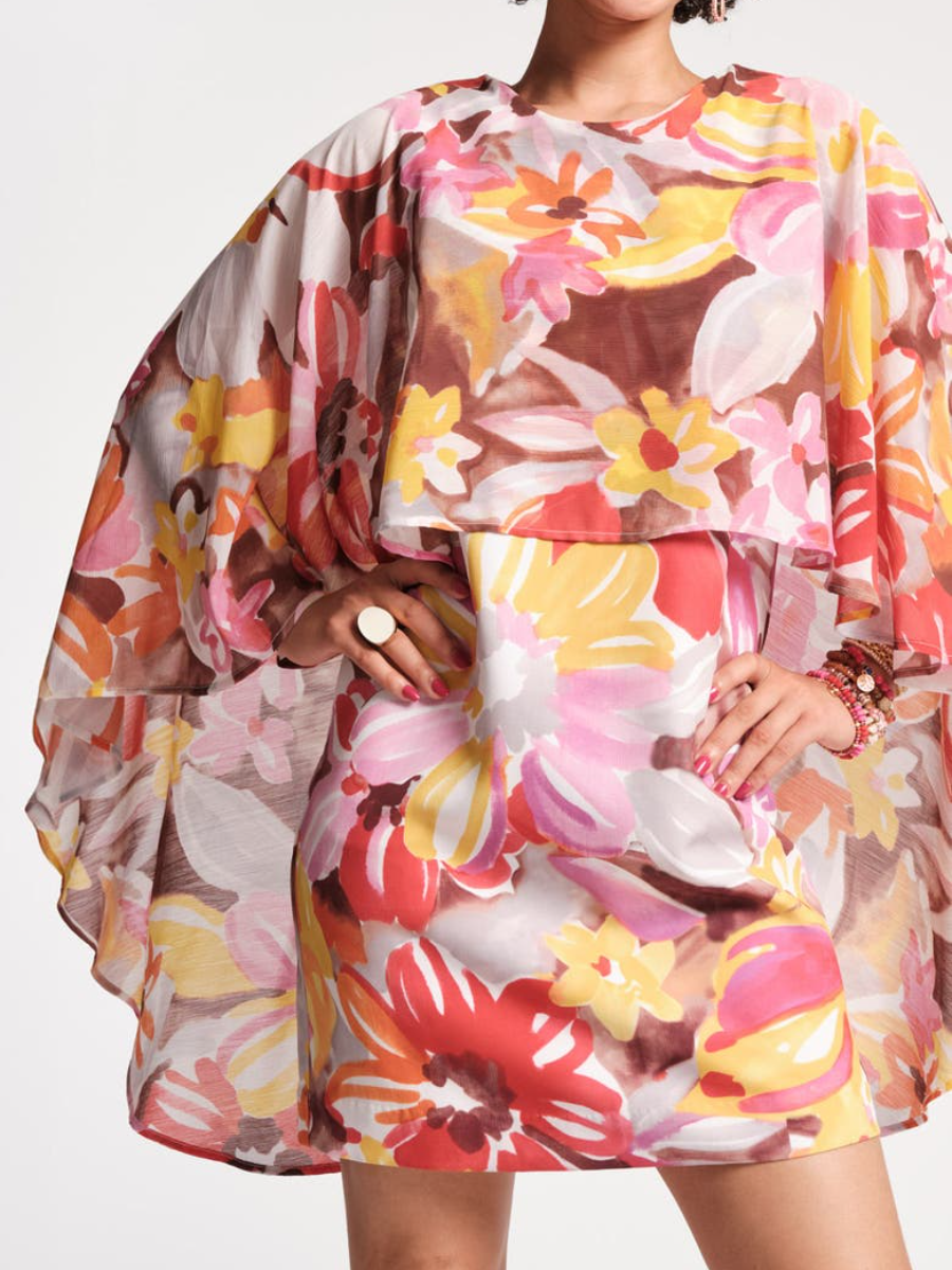 Chiffon Sun Floral Mini Cape Dress
