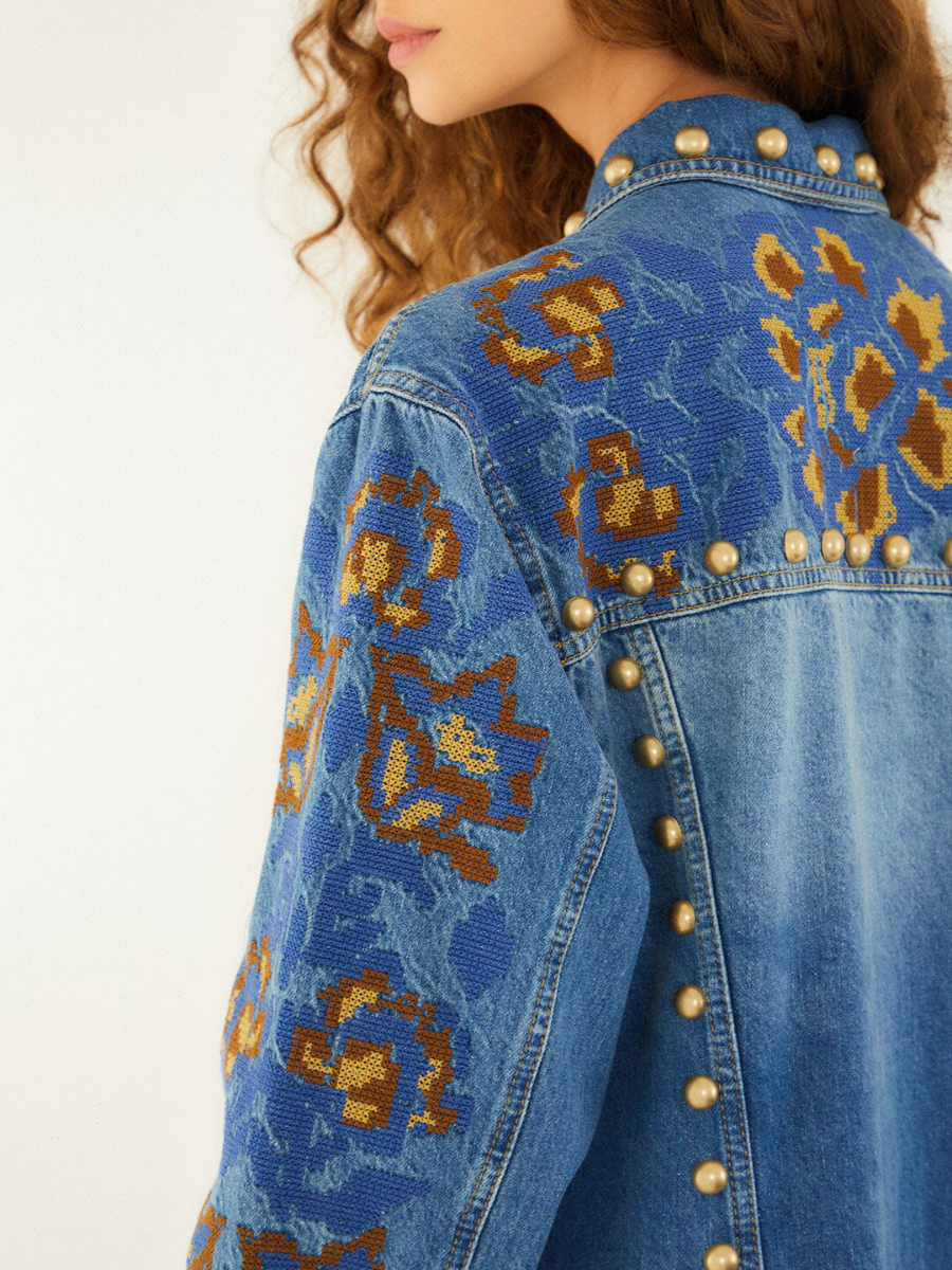 Denim Metal Details Embroidered Jacket and Pants