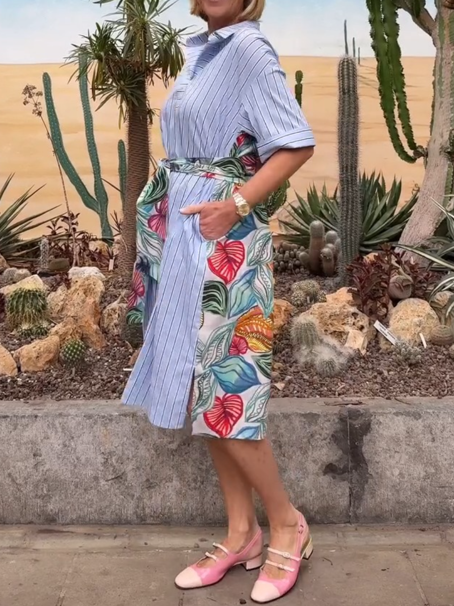 Striped Colorful Leaf Print Shirt Dress