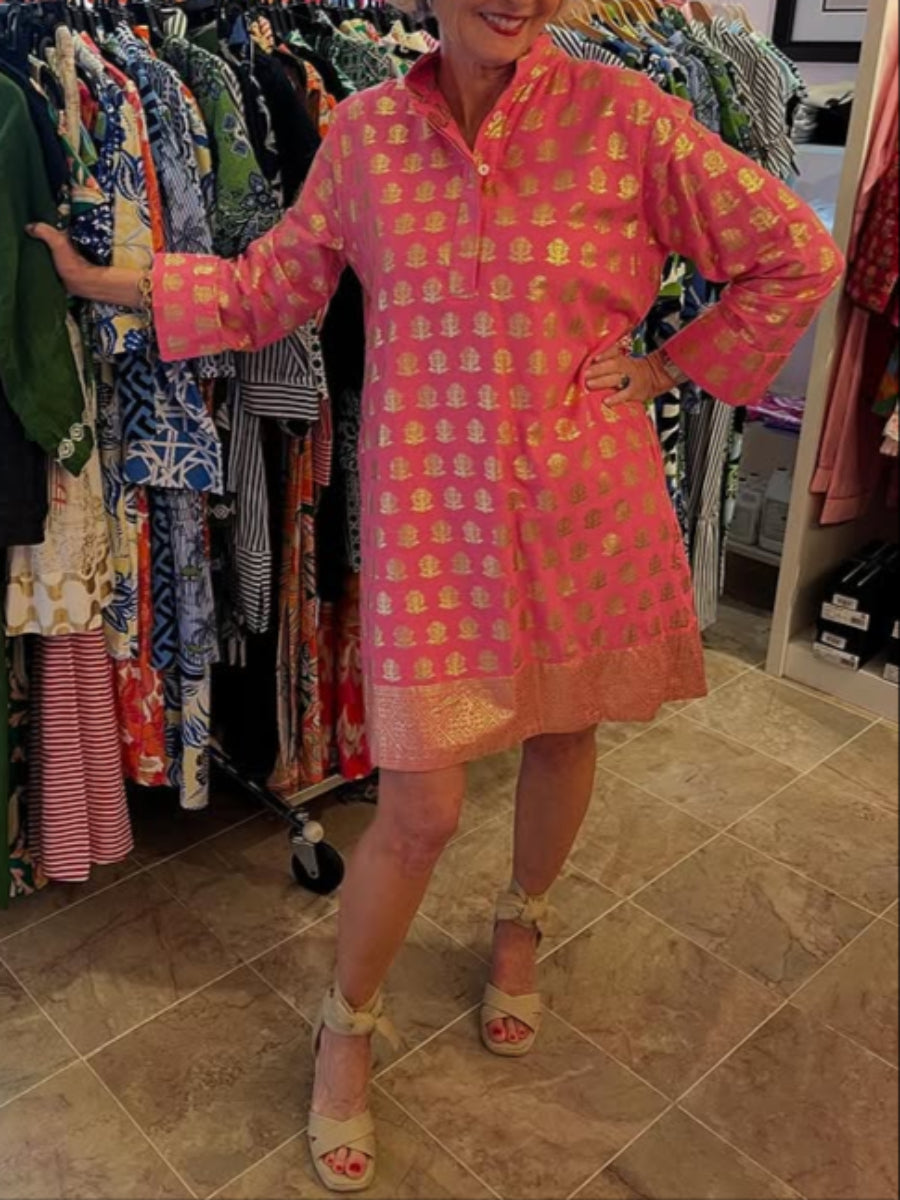 Foiled Foulard Border Print Stand Collar Dress