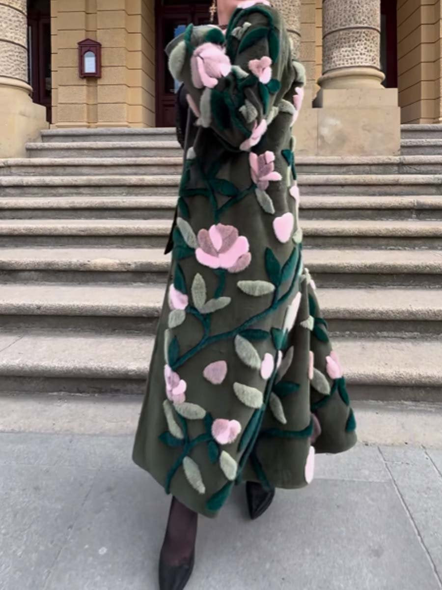 (⏰New Arrival Promotion $10 OFF) Floral-Print Faux Fur Long Coat