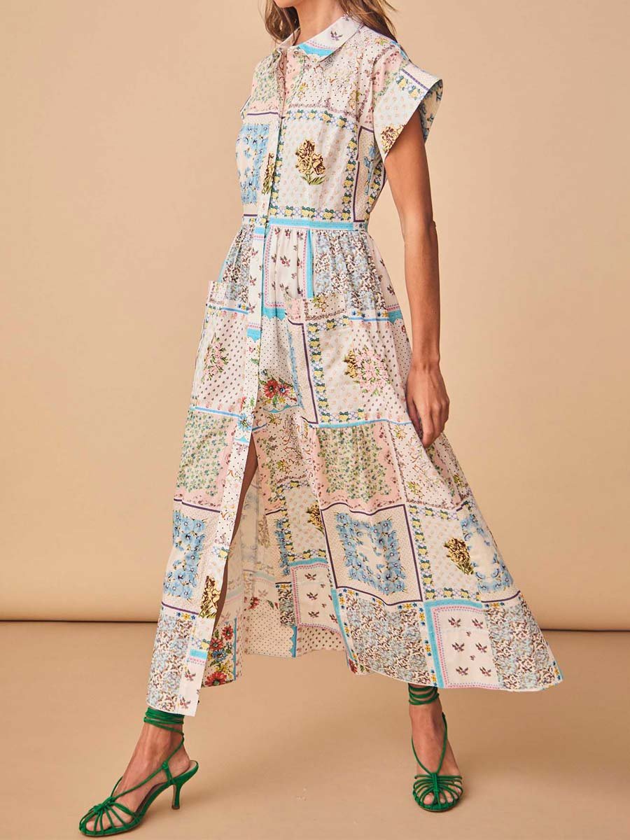 Printed Patchwork Short Sleeve Shirtdress