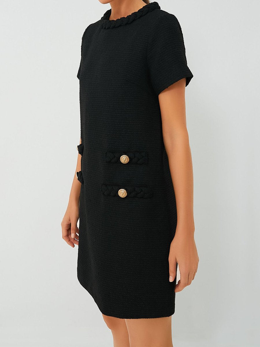 Elegant Short Sleeve Button Tweed Dress