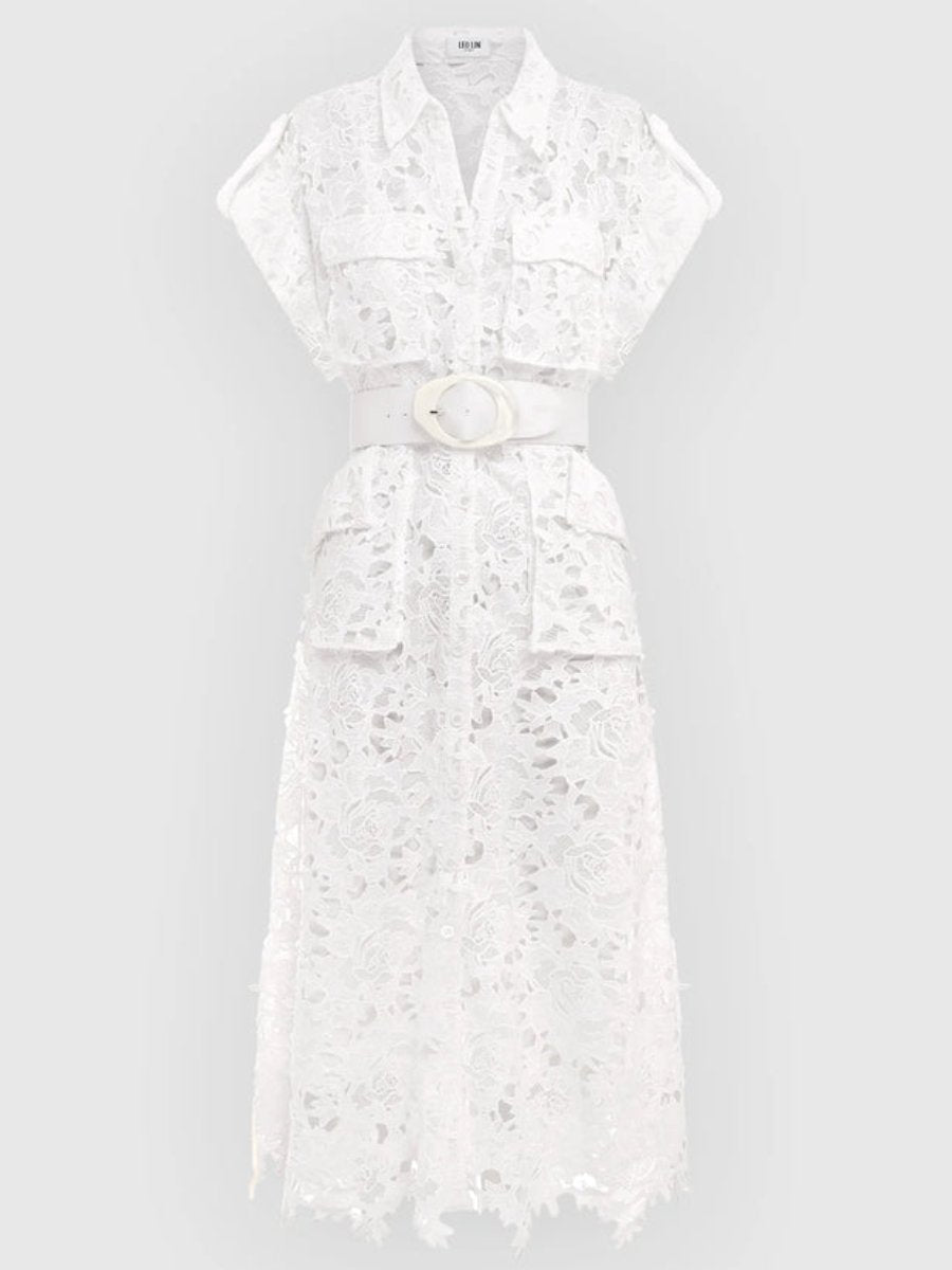 Lace Pocket Shirt Midi Dress