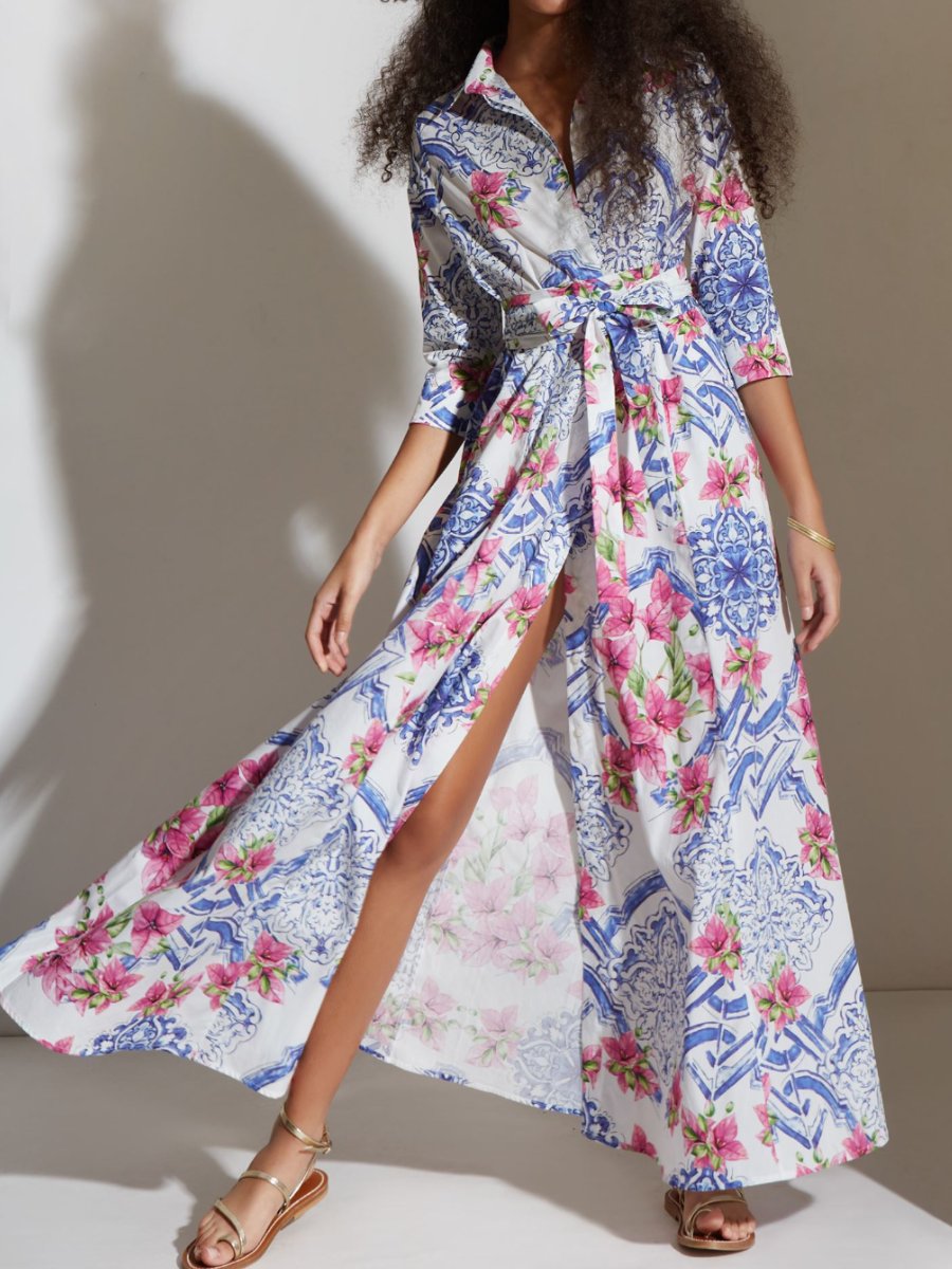 Floral Printed Cotton Shirt Dress