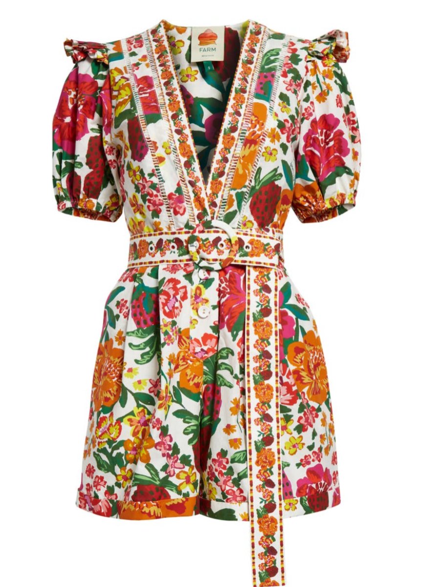 Flowerful Puff Sleeve Cotton Belted Romper