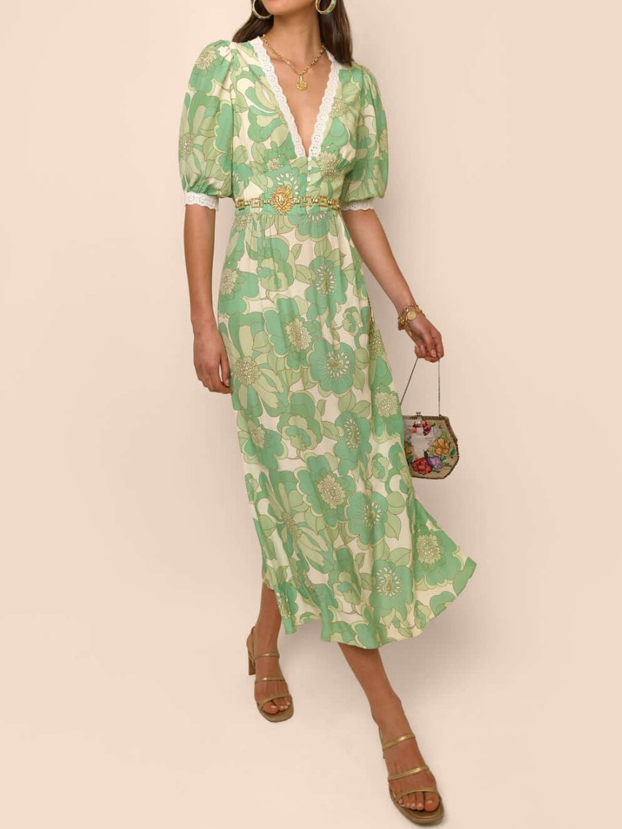 Green V-Neck Midi Dress