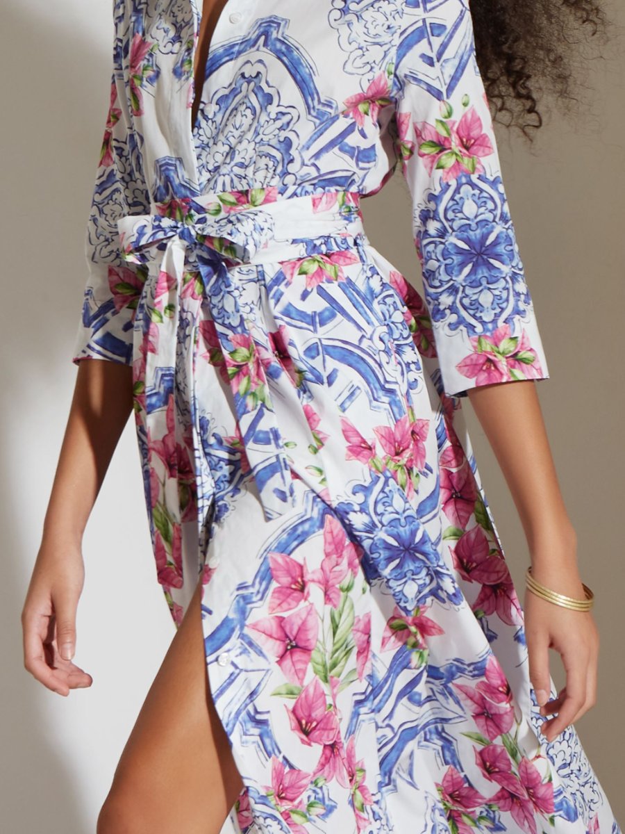 Floral Printed Cotton Shirt Dress