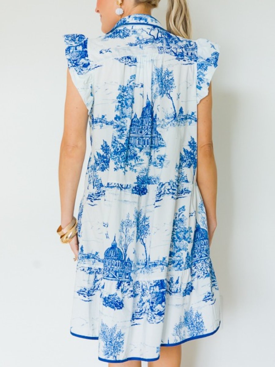Blue Flutter Sleeve Pattern Dress