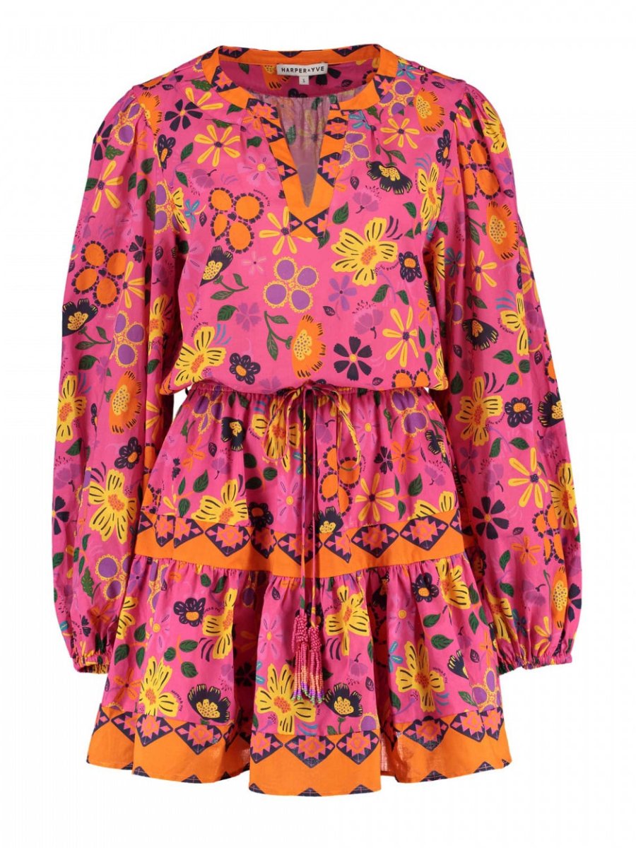 Multi Floral Lace-Up Long Sleeve Dress