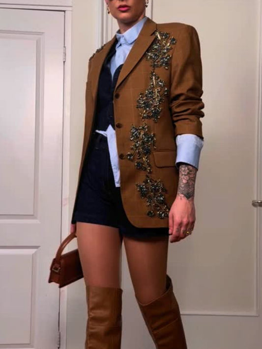 Brown Crystal Embellished Blazer