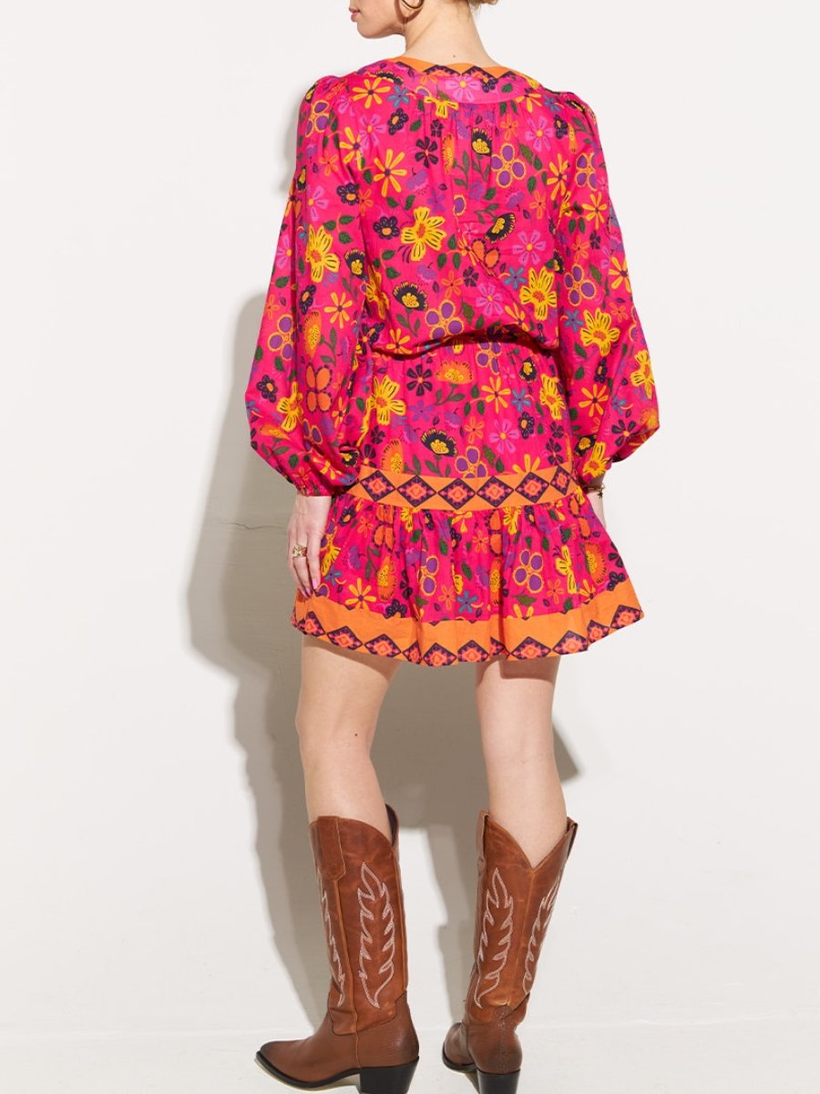Multi Floral Lace-Up Long Sleeve Dress