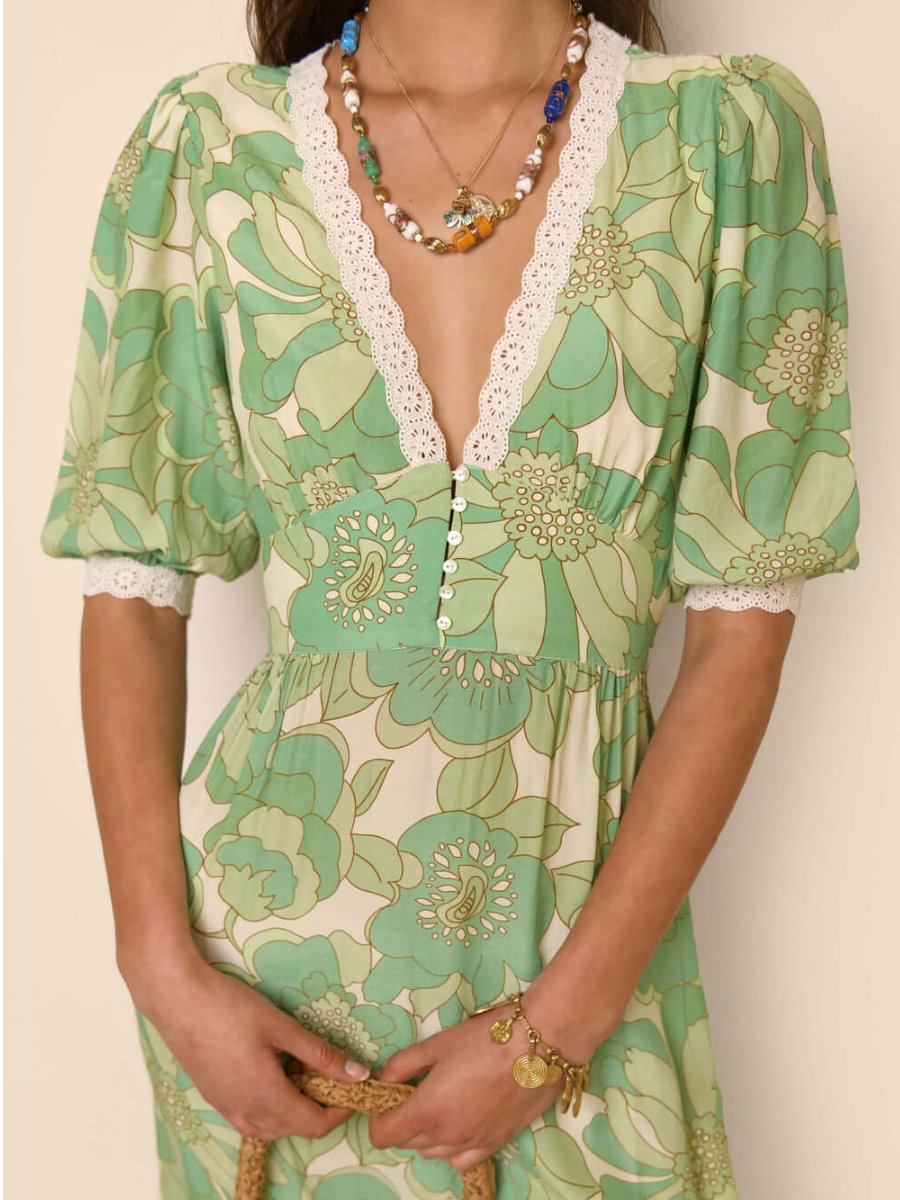 Green V-Neck Midi Dress