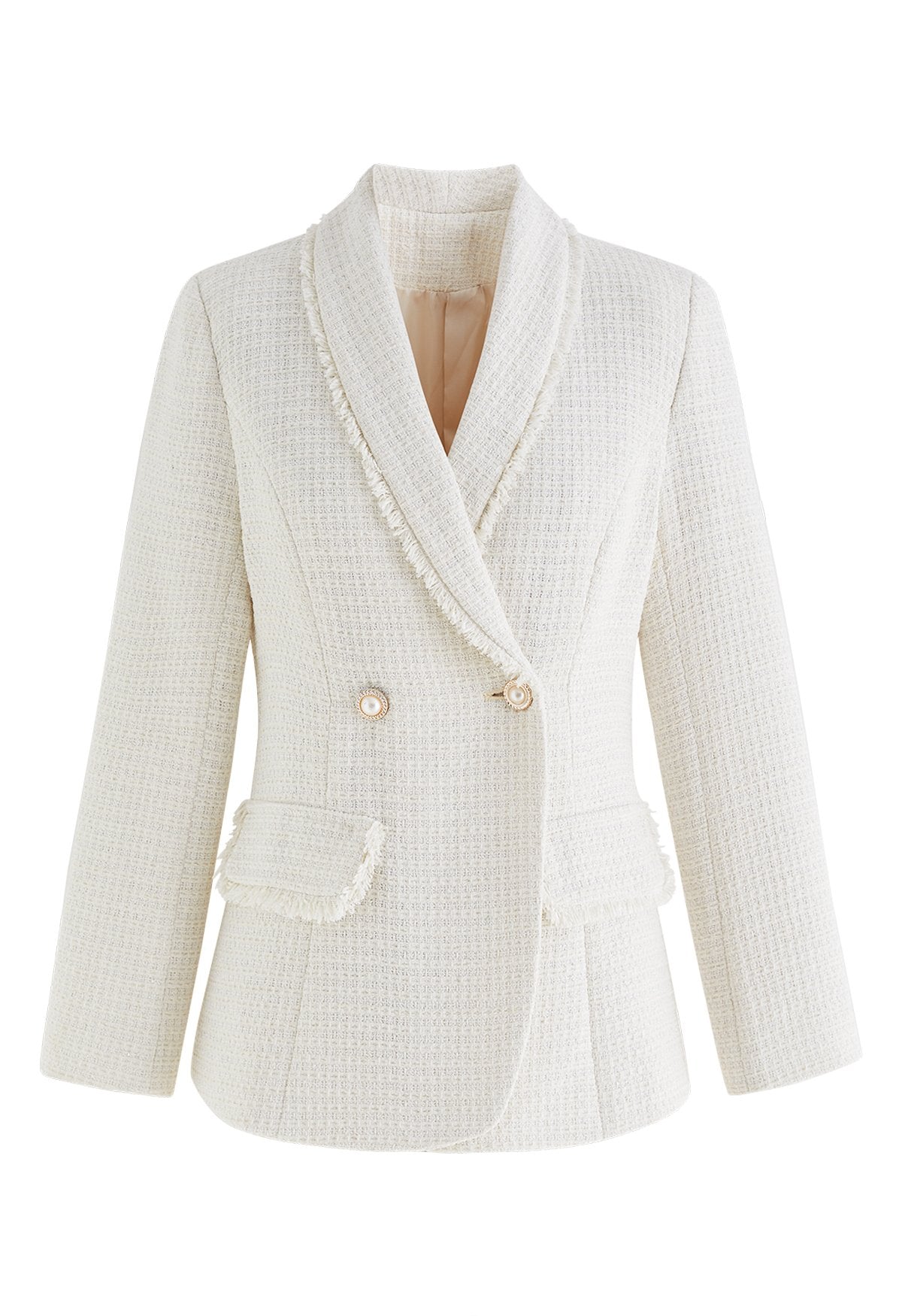 SHAWL COLLAR FRINGED EDGE TWEED BLAZER