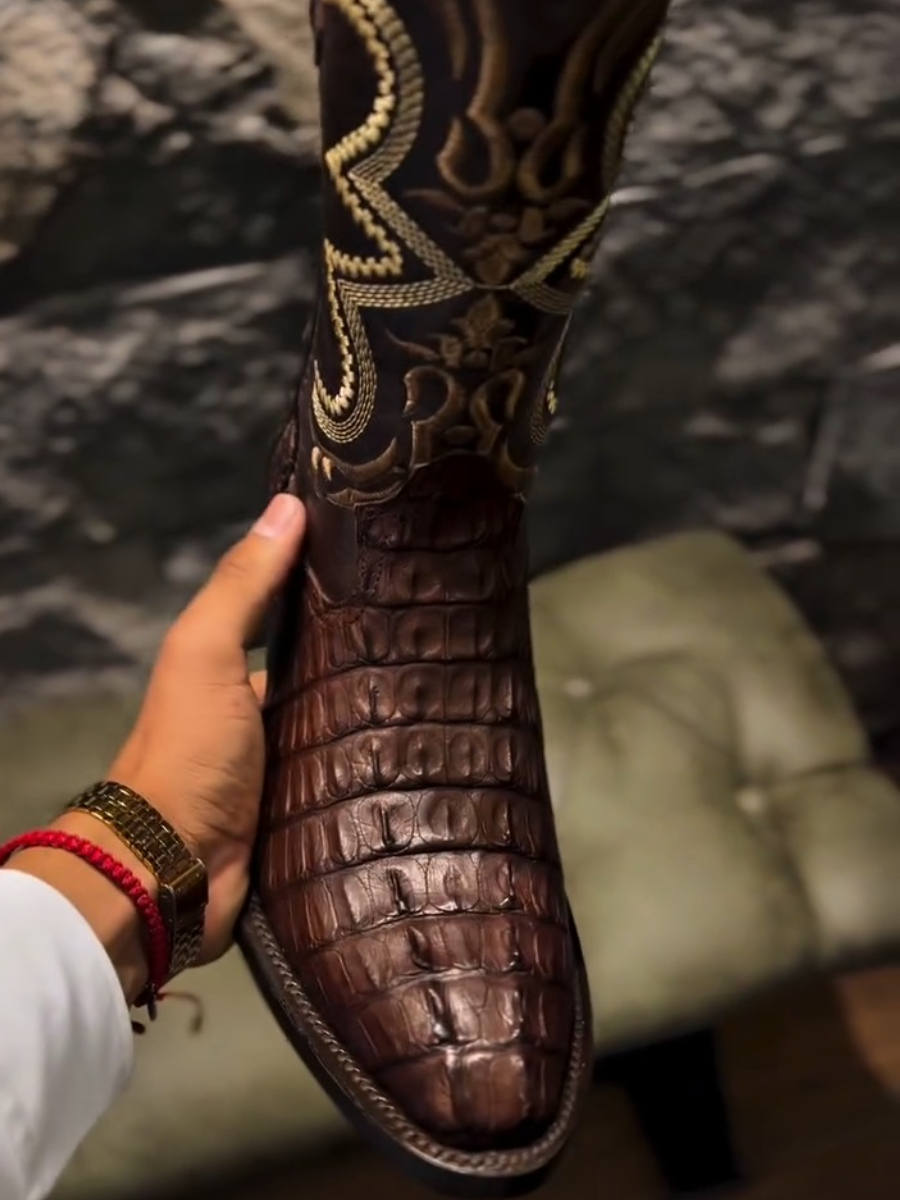 Men's Brown Pointed Toe Embroidered Boots