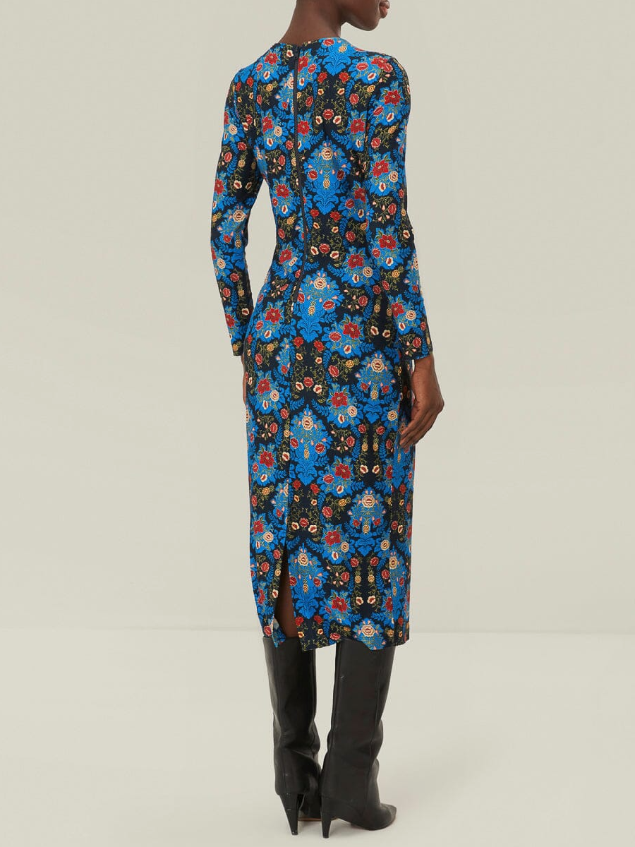 Blue Arabesque Floral Jersey Midi Dress