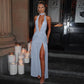 Sexy halterneck backless pleated slit dress