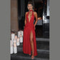 Sexy halterneck backless pleated slit dress