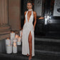 Sexy halterneck backless pleated slit dress