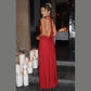 Sexy halterneck backless pleated slit dress