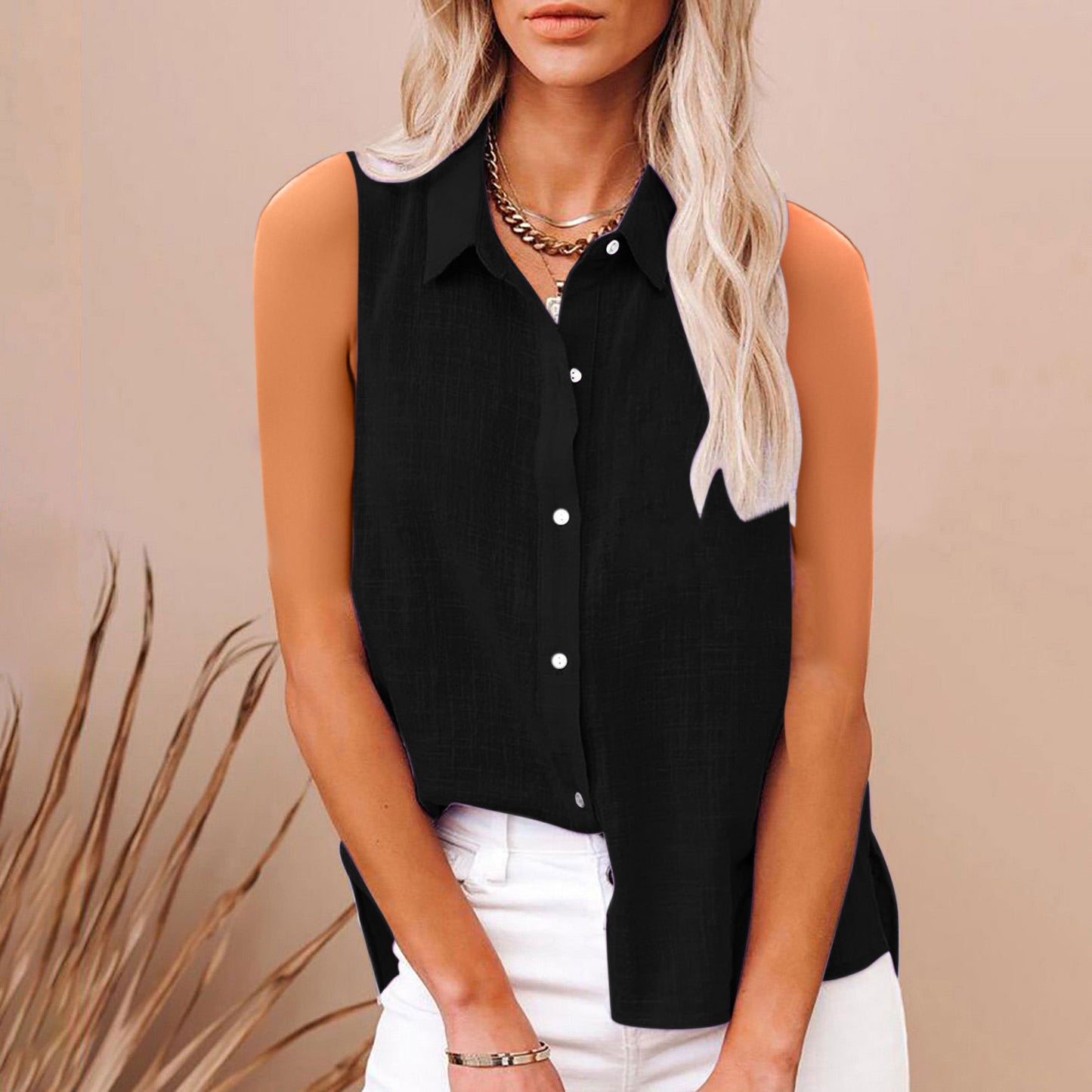 Linen Button-Down Sleeveless Shirt
