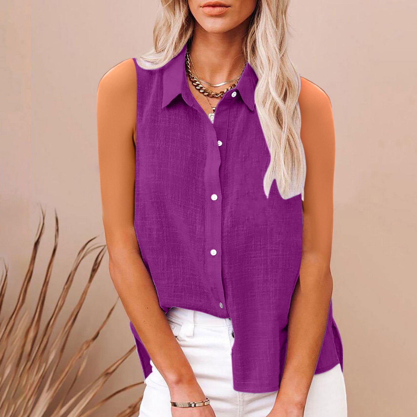 Linen Button-Down Sleeveless Shirt