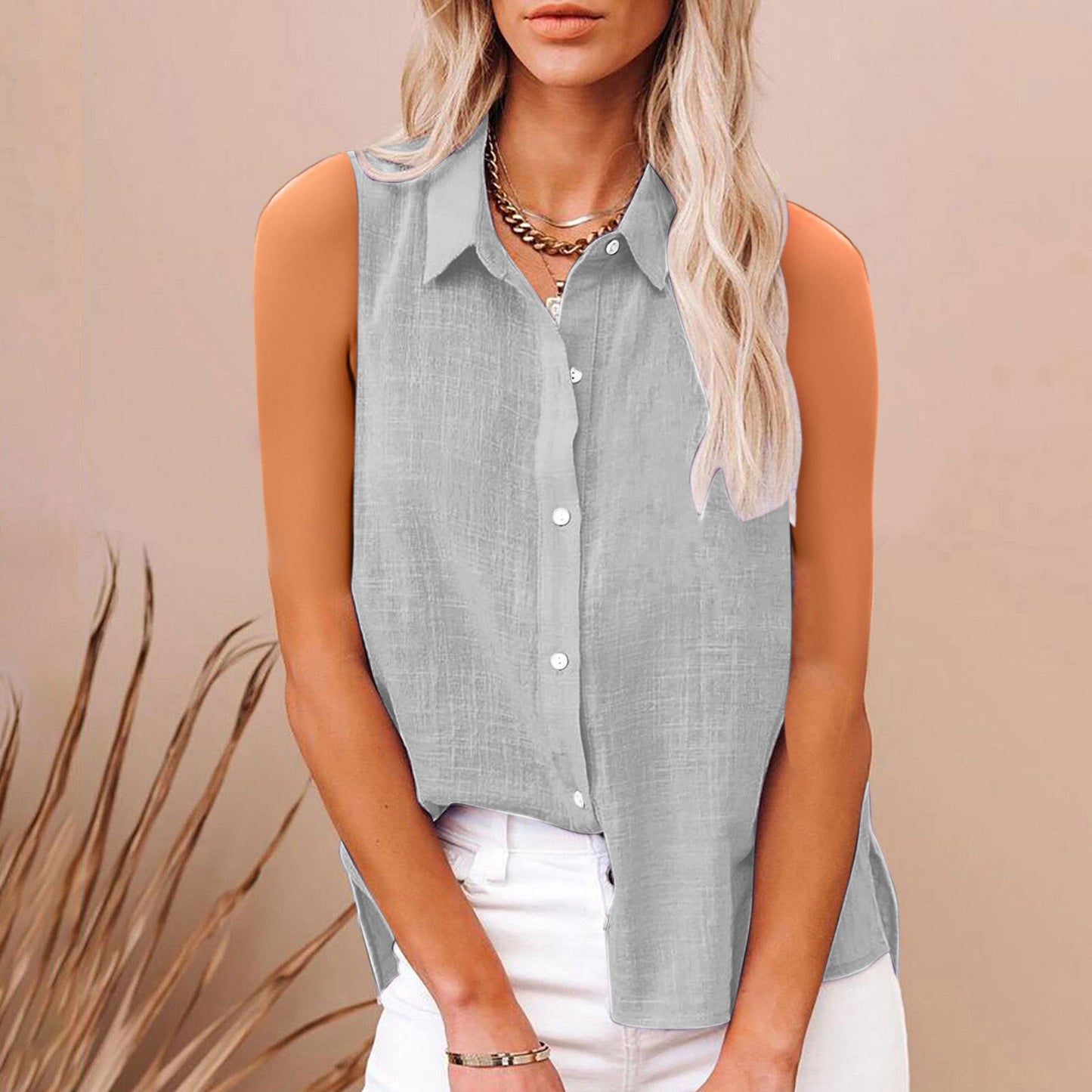 Linen Button-Down Sleeveless Shirt