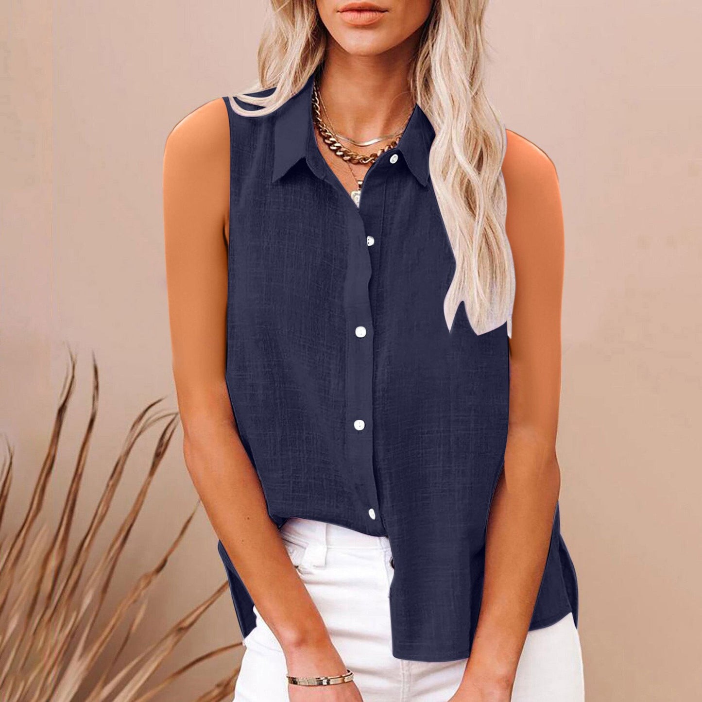 Linen Button-Down Sleeveless Shirt