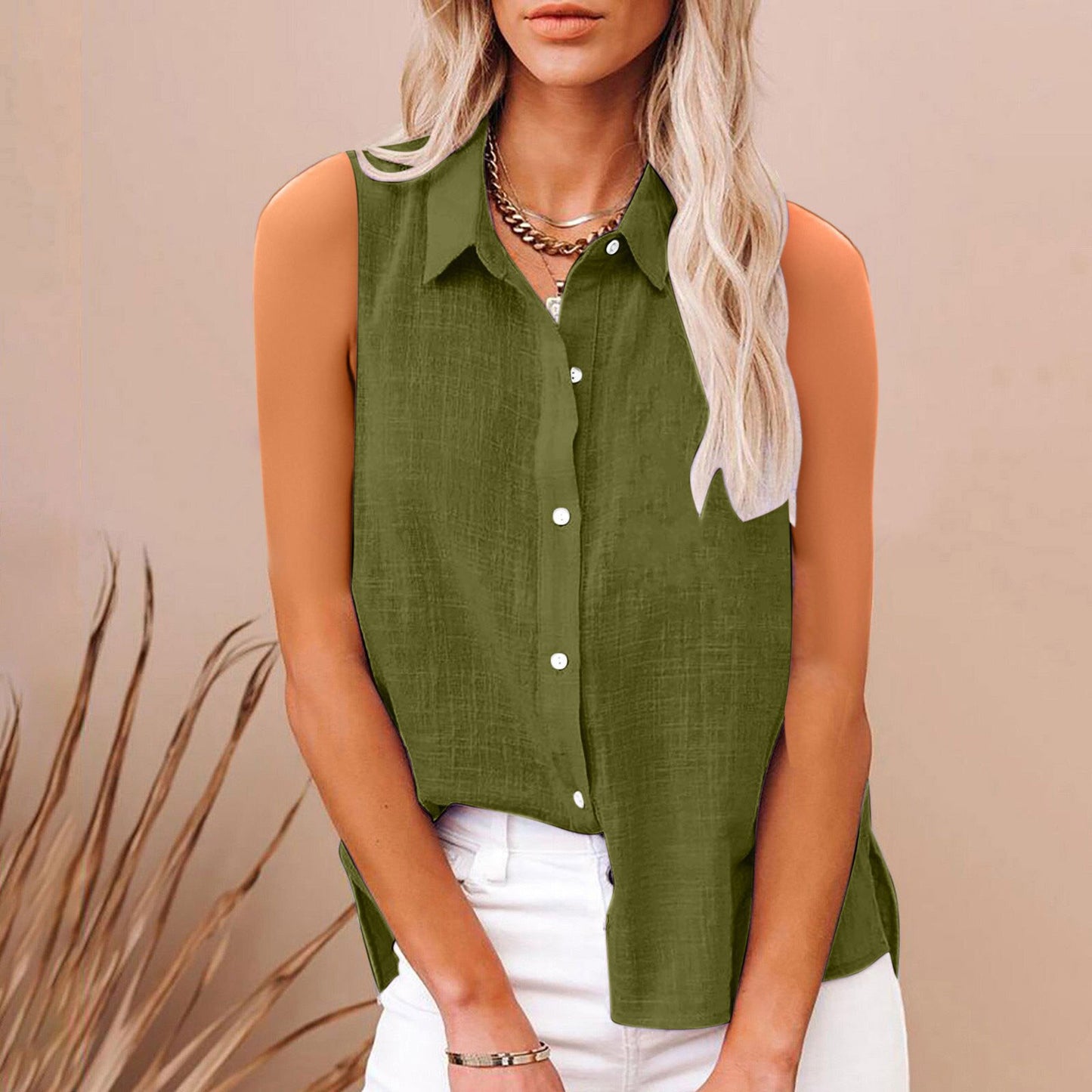 Linen Button-Down Sleeveless Shirt
