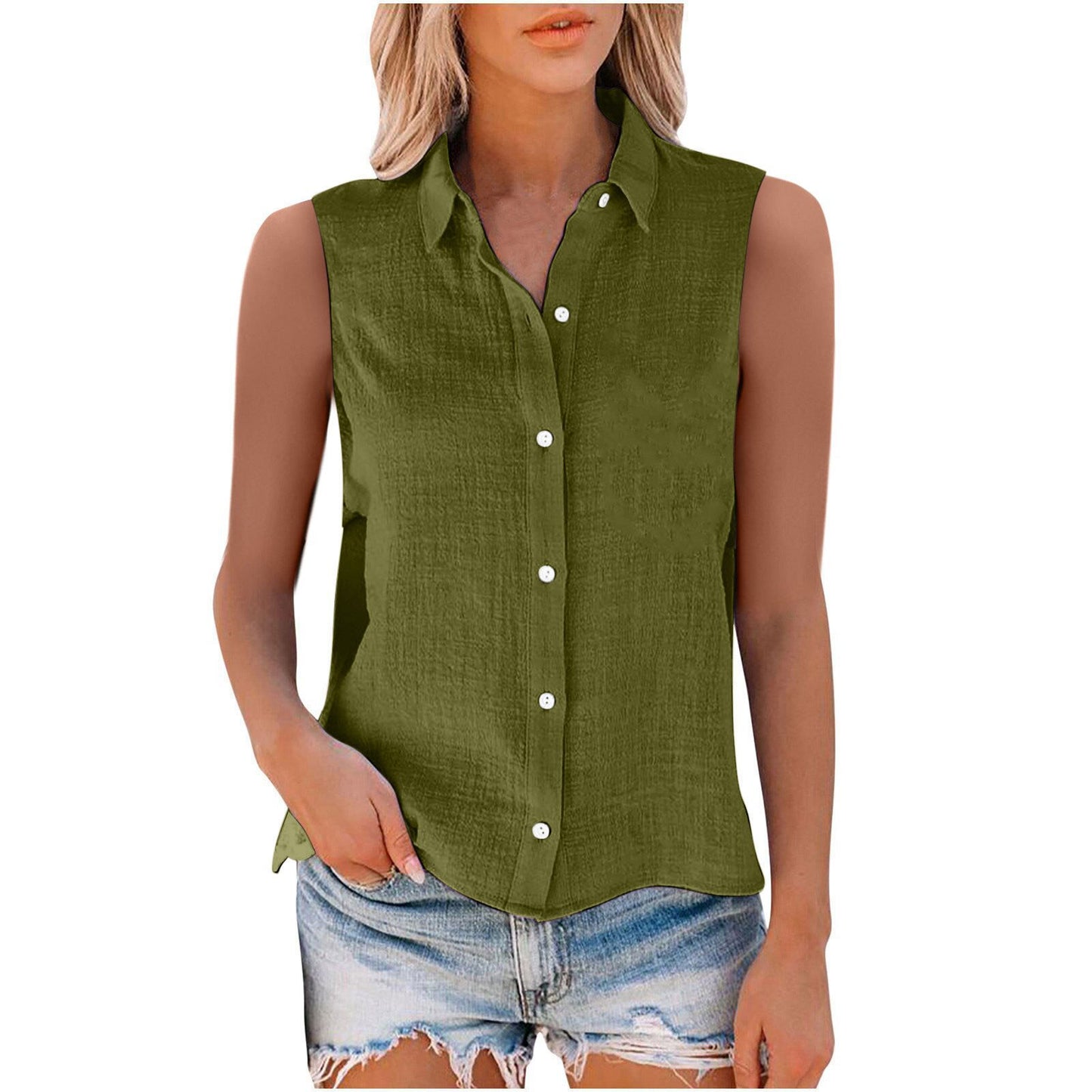 Linen Button-Down Sleeveless Shirt