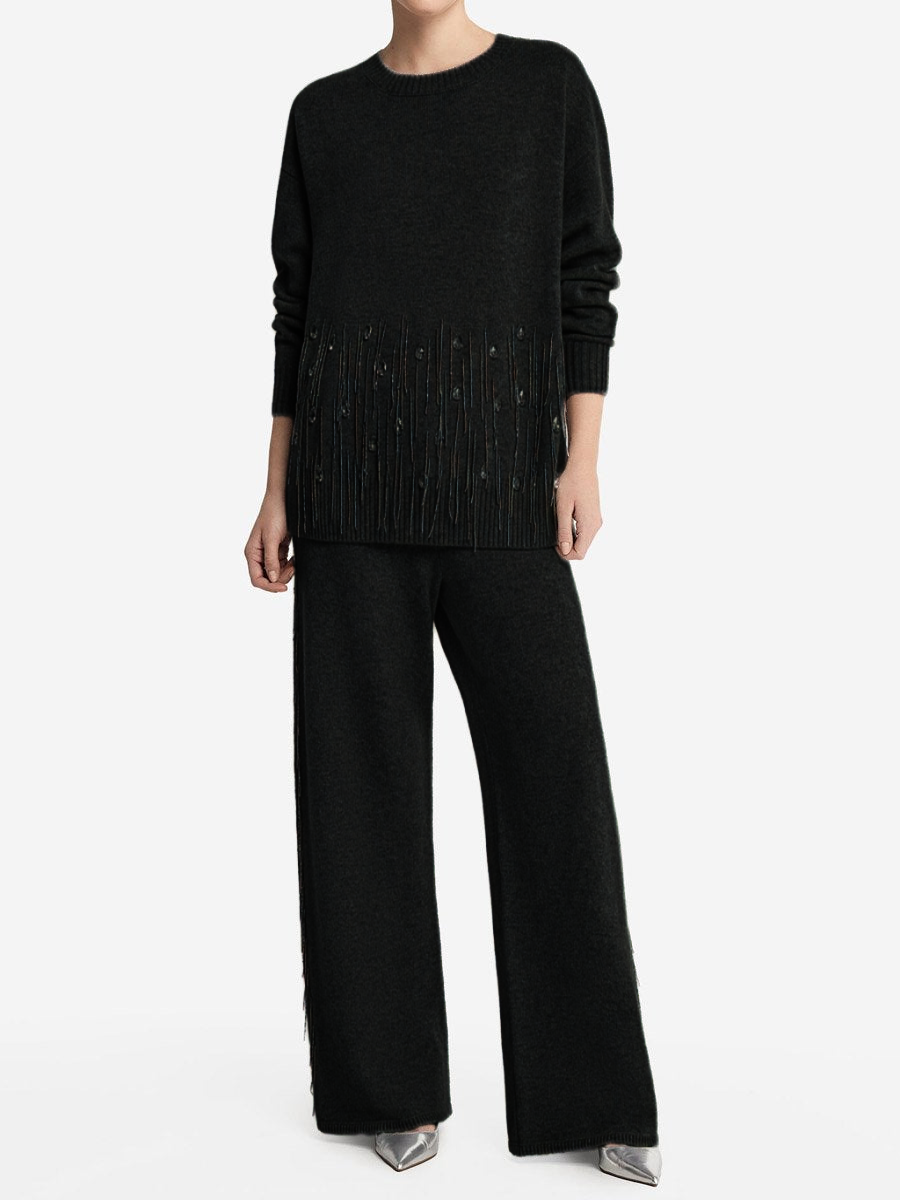 Elegant Fringed Flash Diamond Trim Knit Sweater Suit