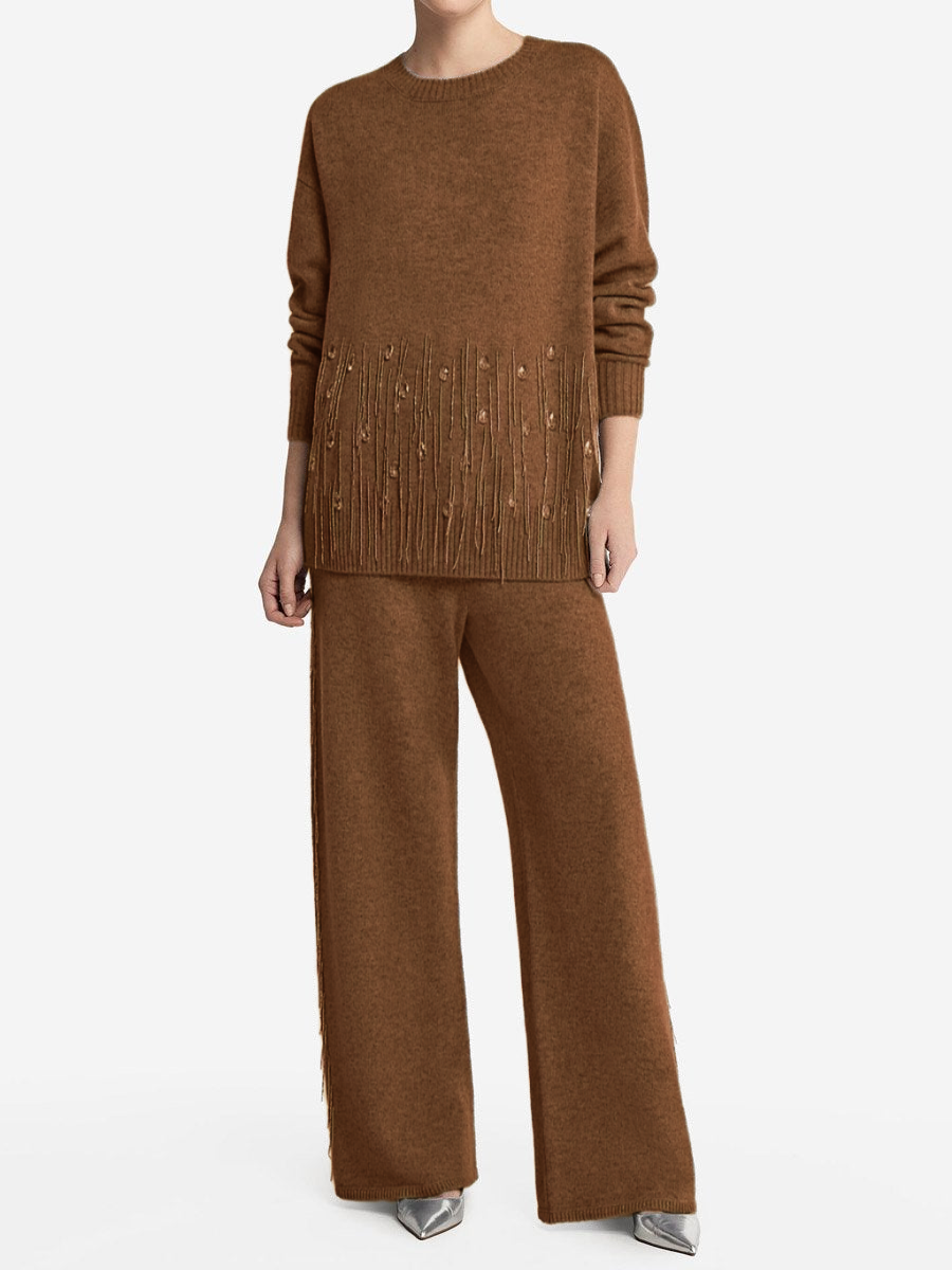 Elegant Fringed Flash Diamond Trim Knit Sweater Suit