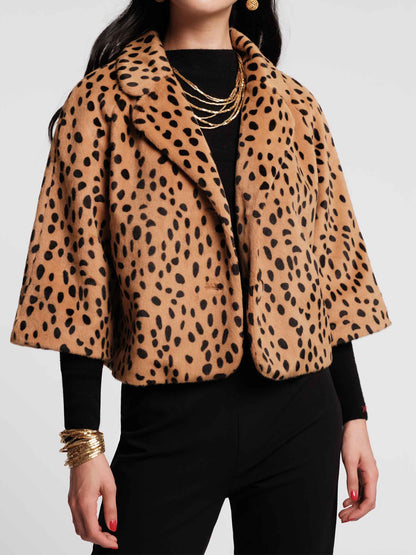 Lapel Collar Spotted Print Faux Fur Cropped Jacket