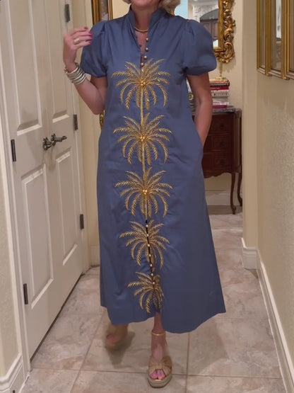 Gold/Blue Embroidery Puff Sleeve Midi Dress