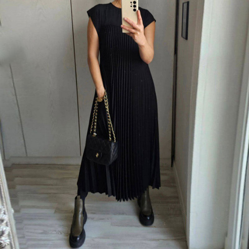 Fashion Round Neck Pleated Dress