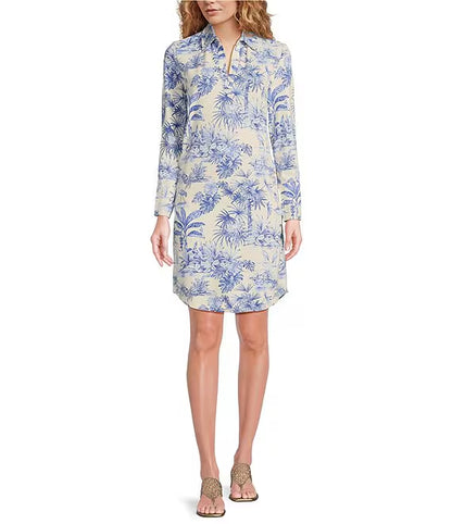 Printed Split V-Neck Long Sleeve Dress