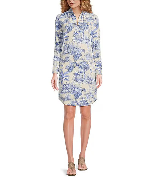 Printed Split V-Neck Long Sleeve Dress
