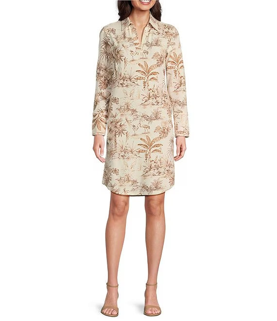 Printed Split V-Neck Long Sleeve Dress