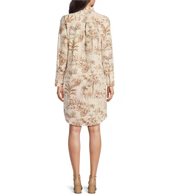 Printed Split V-Neck Long Sleeve Dress