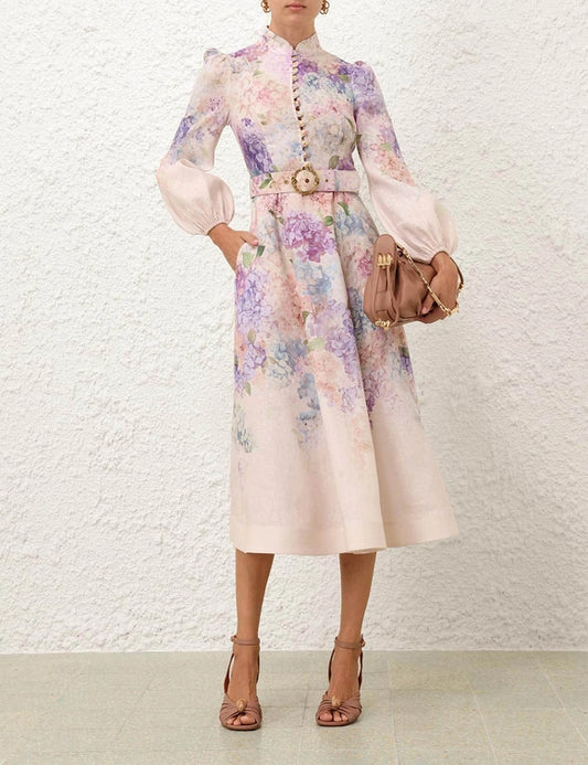Multi Hydrangea Buttoned Midi Dress