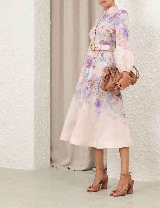 Multi Hydrangea Buttoned Midi Dress