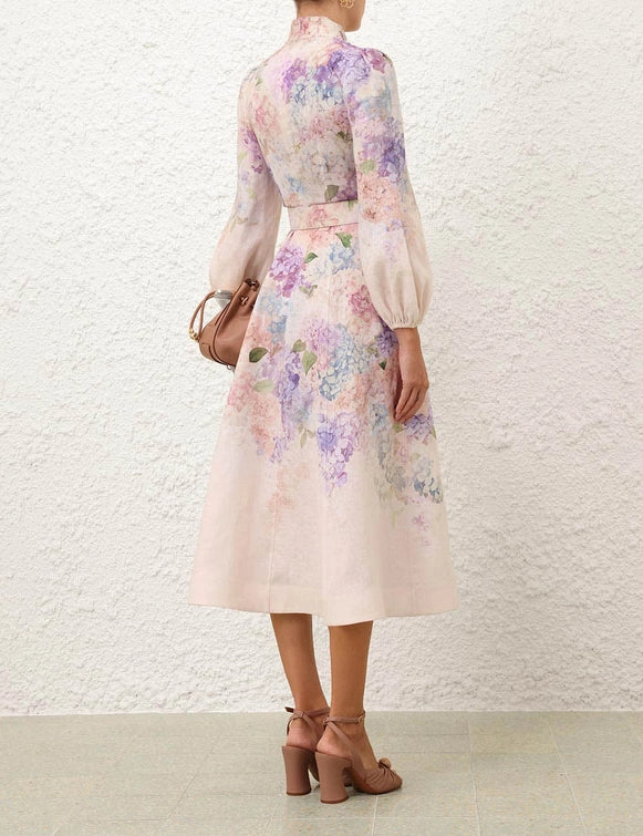 Multi Hydrangea Buttoned Midi Dress