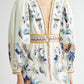 Blue Lotus Placed Print Long Sleeve Linen Blend Dress