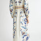 Blue Lotus Placed Print Long Sleeve Linen Blend Dress